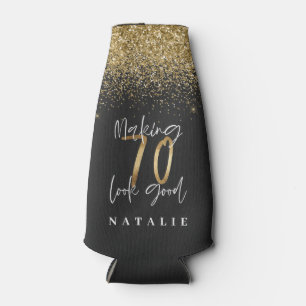 Modern glitter black and gold 70th birthday  can c bottle cooler