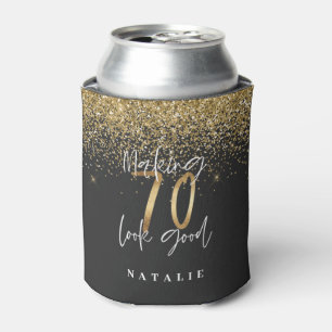 Modern glitter black and gold 70th birthday  can cooler