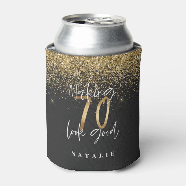 Modern glitter black and gold 70th birthday  can cooler (Can Front)