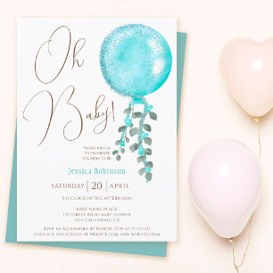 Modern glitter boy blue balloon Oh baby shower Invitation