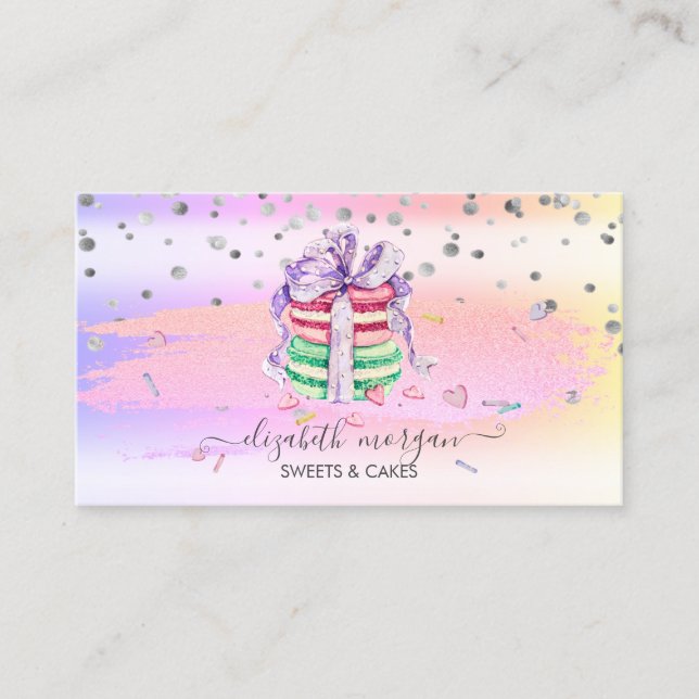 Modern Glitter Brush Stroke Ombre Macarons Business Card (Front)