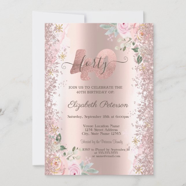 Modern Glitter Confetti Rose Gold Roses 40th  Invitation (Front)