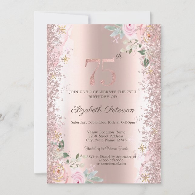 Modern Glitter Confetti Rose Gold Roses 75th  Invitation (Front)