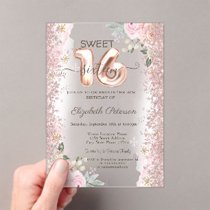 Modern Glitter Confetti Rose Gold Roses Sweet 16 Acrylic Invitations