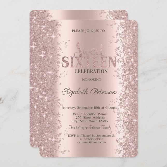Modern Glitter Confetti Rose Gold  Sweet 16 Invitation (Front/Back)