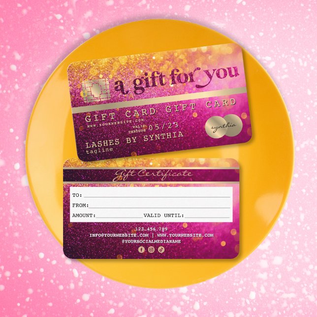 Modern Glitter Credit Card Gift Card Certificate  (gold and pink glitter like credit card gift certificate)