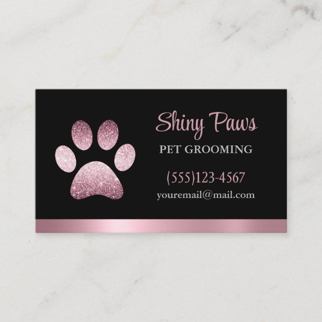 Modern Glitter Dog Paw Print Dog Grooming Business Card (Front)