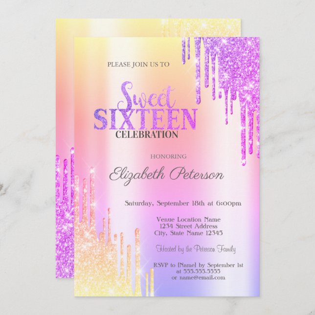 Modern Glitter Drip Ombre Violet Drips Sweet 16  Invitation (Front/Back)