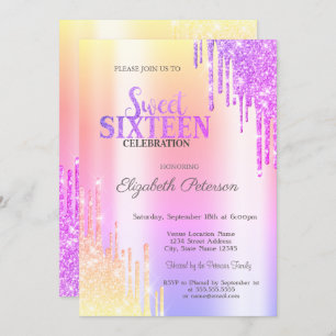 Modern Glitter Drip Ombre Violet Drips Sweet 16  Invitation