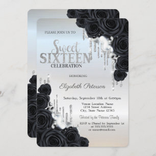Modern Glitter Drips Black Roses Silver Sweet 16 Invitation