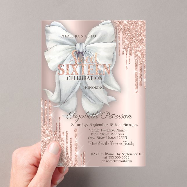Modern Glitter Drips Bow Rose Gold Sweet 16 Acrylic Invitations (Insitu (Handheld))