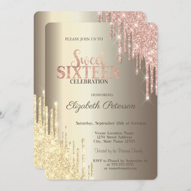 Modern Glitter Drips Champagne Gold Sweet 16 Invitation (Front/Back)