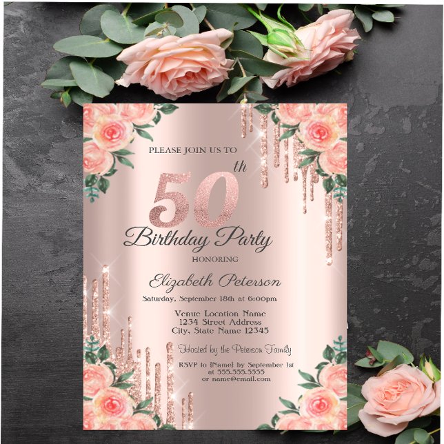 Modern Glitter Drips Floral Rose Gold 50th   Invitation (Creator Uploaded)