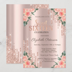 Modern Glitter Drips Floral Rose Gold  Sweet 16 Invitation