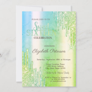 Modern Glitter Drips Green Sweet 16 Invitation