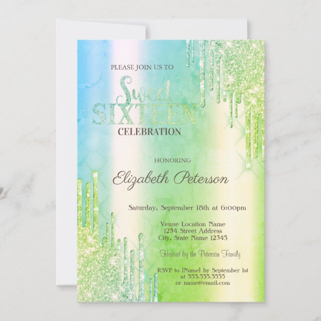 Modern Glitter Drips Green Sweet 16 Invitation (Front)