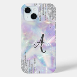 Modern Glitter Drips Holographic,Monogram iPhone 15 Case