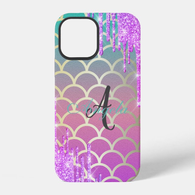 Modern Glitter DripS Mermaid Scale ,Monogram iPhone Case (Back)