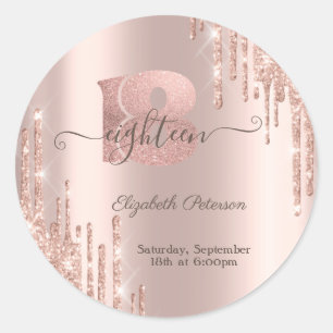 Modern Glitter Drips Rose Gold 18th Birthday  Classic Round Sticker