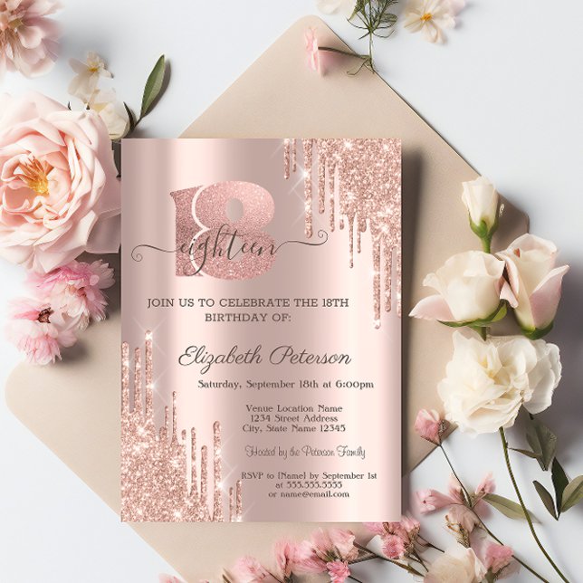 Modern Glitter Drips Rose Gold 18th Birthday  Invitation (Creator Uploaded)