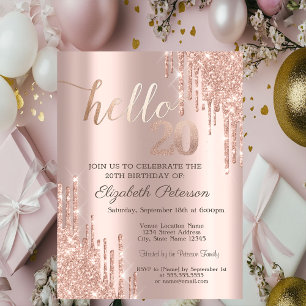 Modern Glitter Drips Rose Gold 20th Birthday Invitation