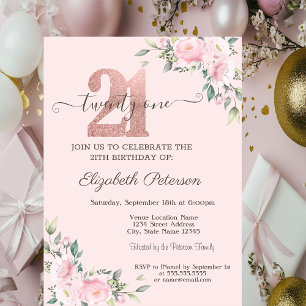 Modern Glitter Drips Rose Gold 21th Birthday Inv Invitation
