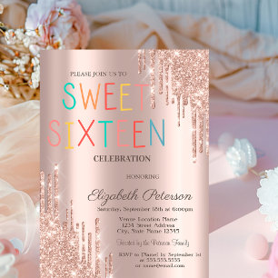 Modern Glitter Drips Rose Gold Colourful Sweet 16 Invitation