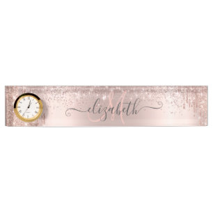 Modern Glitter Drips Rose Gold Dust Monogram  Nameplate