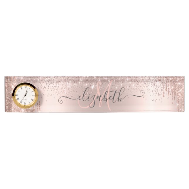 Modern Glitter Drips Rose Gold Dust Monogram  Nameplate (Front)