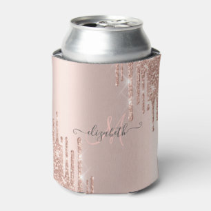 Modern Glitter Drips Rose Gold Monogram   Can Cooler