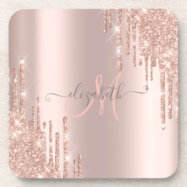 Modern Glitter Drips Rose Gold Monogram  Coaster (Front)