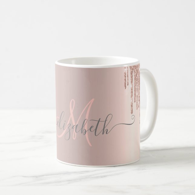Modern Glitter Drips Rose Gold Monogram  Coffee Mug (Front Right)