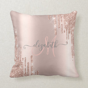 Modern Glitter Drips Rose Gold Monogram Cushion
