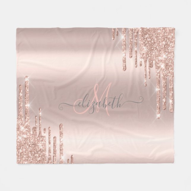 Modern Glitter Drips Rose Gold Monogram Fleece Blanket (Front (Horizontal))