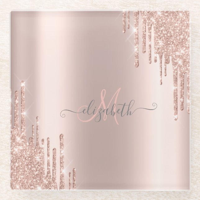 Modern Glitter Drips Rose Gold Monogram   Glass Coaster (Front)