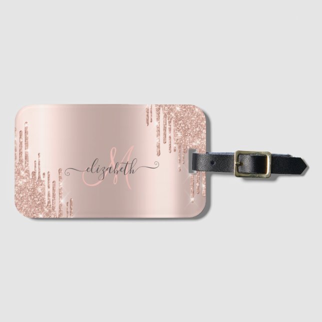 Modern Glitter Drips Rose Gold Monogram Luggage Tag (Front Horizontal)