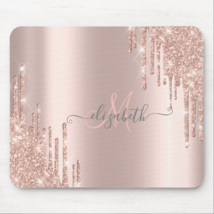 Modern Glitter Drips Rose Gold Monogram Mouse Mat