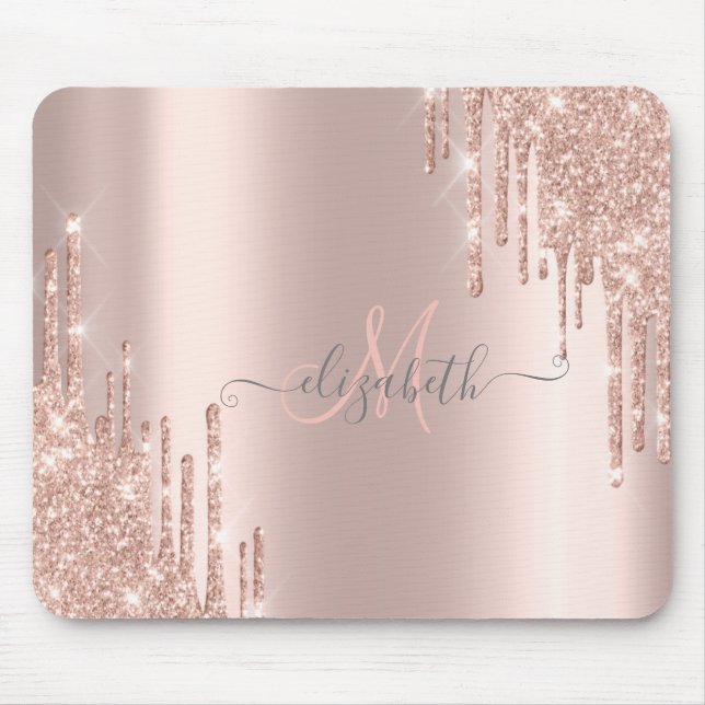 Modern Glitter Drips Rose Gold Monogram Mouse Mat (Front)