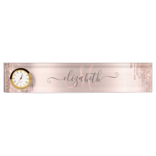 Modern Glitter Drips Rose Gold Monogram  Nameplate