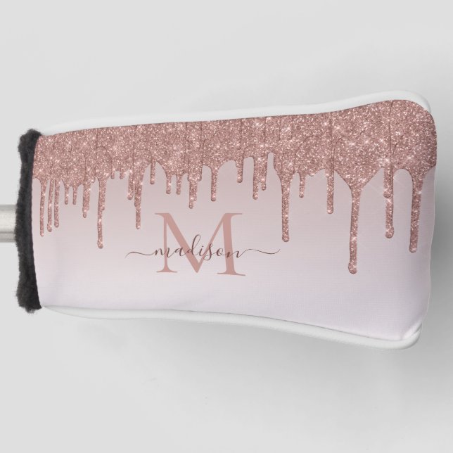 Modern Glitter Drips Rose Gold Monogram Script Golf Head Cover (Front)