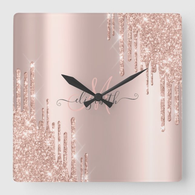 Modern Glitter Drips Rose Gold Monogram   Square Wall Clock (Front)