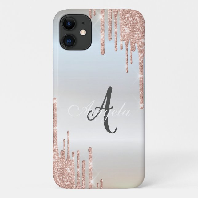 Modern Glitter Drips Rose Gold,Silver Monogram  Case-Mate iPhone Case (Back)
