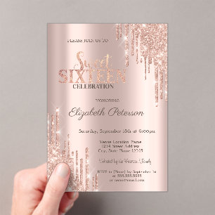 Modern Glitter Drips Rose Gold Sweet 16 Acrylic Invitations