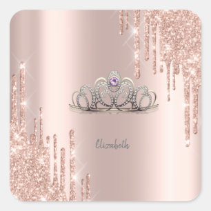 Modern Glitter Drips Rose Gold Tiara Square Sticker