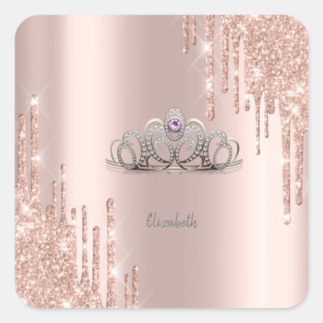 Modern Glitter Drips Rose Gold Tiara Square Sticker (Front)
