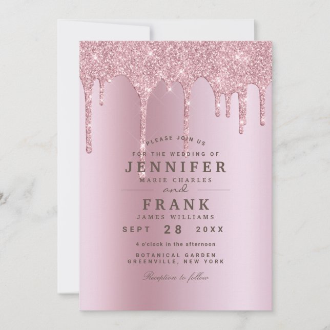 Modern Glitter Drips Rose Gold Wedding Invitation (Front)