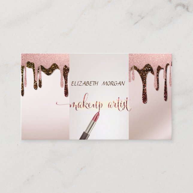 Modern Glitter Drops,Lipstick, Makeup artist Business Card (Front)