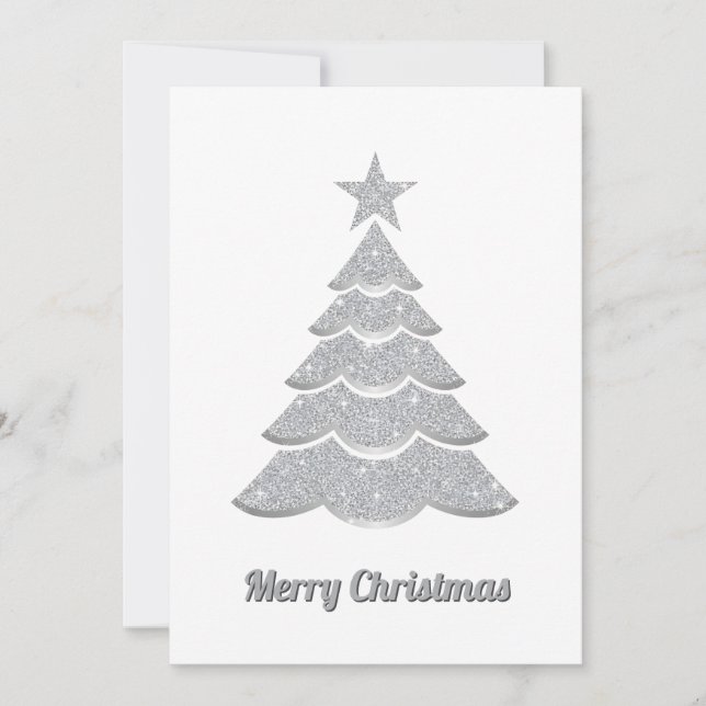 Modern Glitter Elegant Snow Christmas Pine Tree Holiday Card (Front)