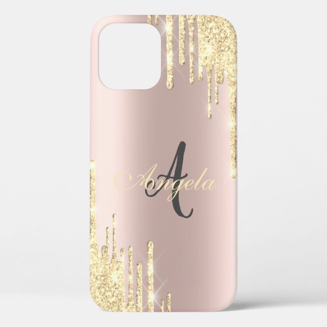 Modern Glitter Gold Drips Rose Gold,Monogram Case-Mate iPhone Case (Back)