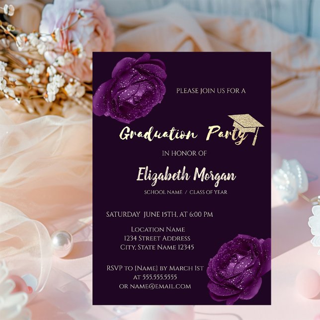 Modern Glitter Graduation Cap, Purple Roses Invitation (Creator Uploaded)